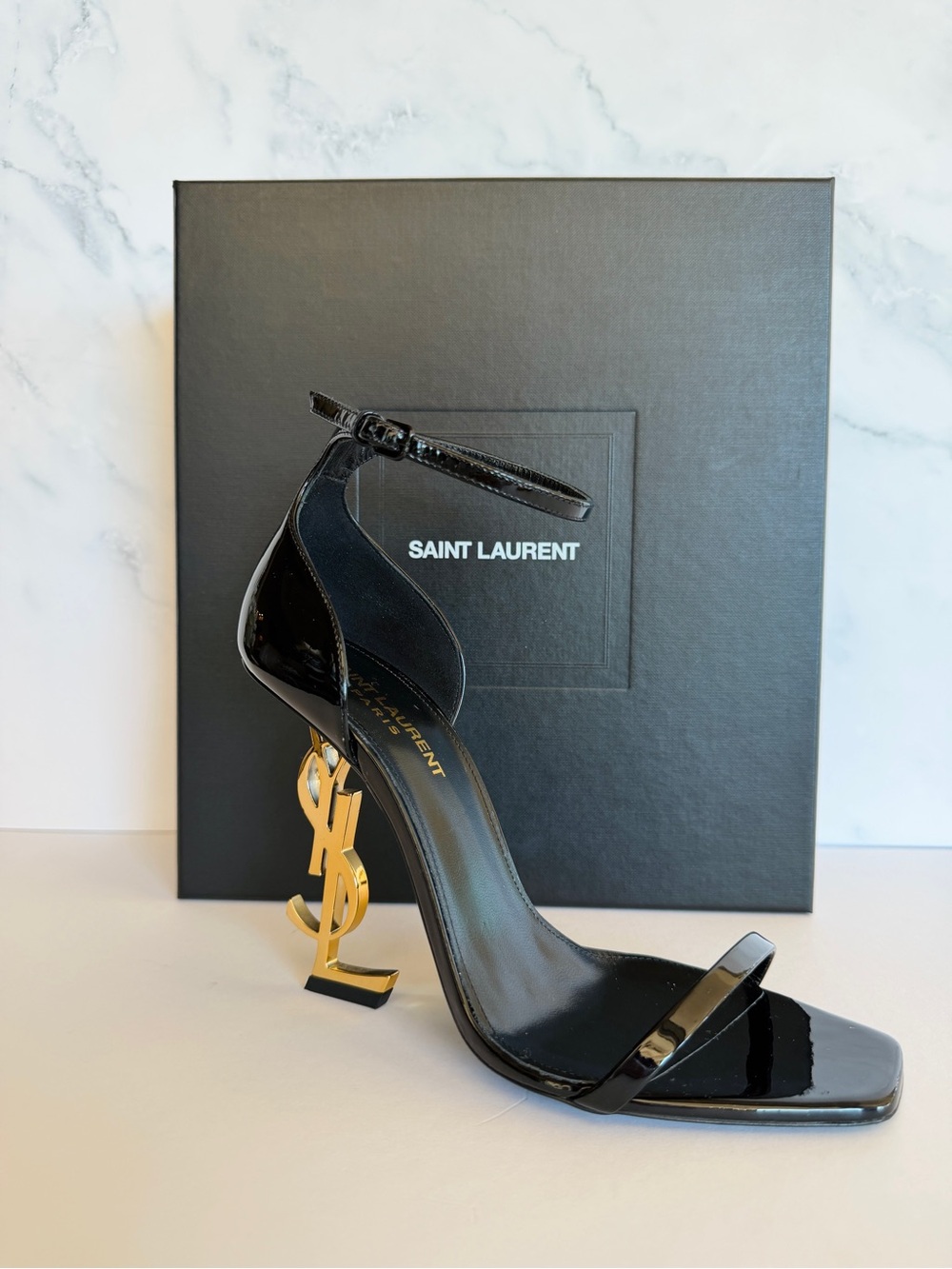 Saint Laurent YSL Opyum 110 Black Patent Gold Logo Heel Sandals Size 38 + Box - Picture 2 of 7